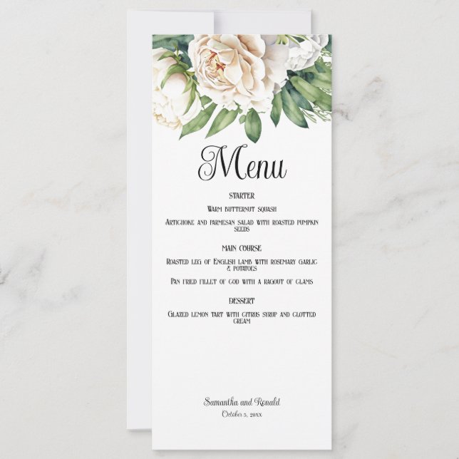 Cartão de Menu Casamento de Rosas Brancas Elegante (Frente)