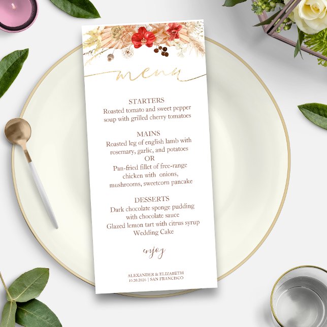 Cartão de Menu Casamento Dourado Boho Floral (Criador carregado)