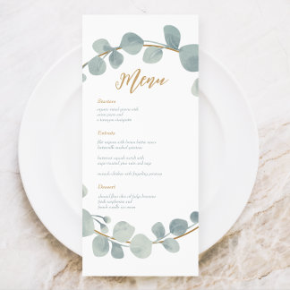 Cartão de Menu Casamento Eucalyptus Silvery Waterc