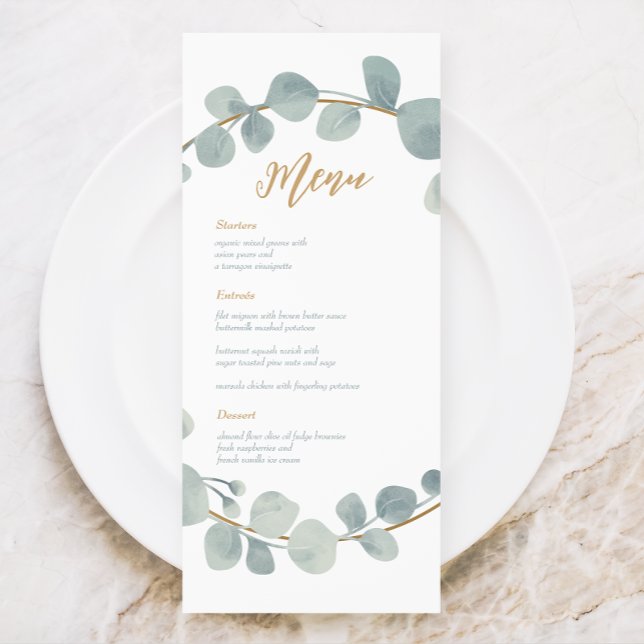 Cartão de Menu Casamento Eucalyptus Silvery Waterc (Criador carregado)
