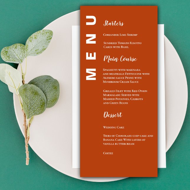 Cartão de Menu Casamento Minimalista Boho Terracot (Elegant Minimalist Terracotta Wedding Party Menu)