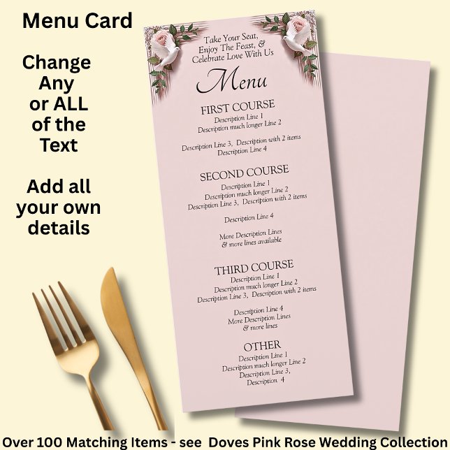 Cartão de Menu - Casamento Rosas Cor-de-Rosa & Pom (Criador carregado)