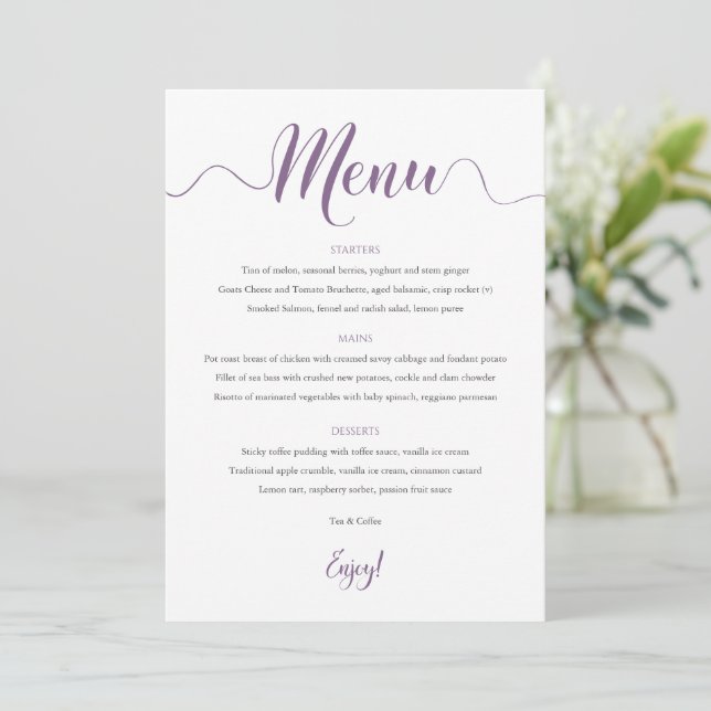 Cartão de Menu Casamento Roxo 5x7 (Em pé/Frente)