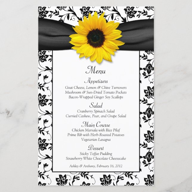 Cartão de Menu Casamento tema damasco Negro de Gir (Frente)