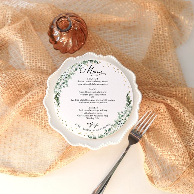 Cartão de Menu Circular de Casamento com Folhagem (Criador carregado)