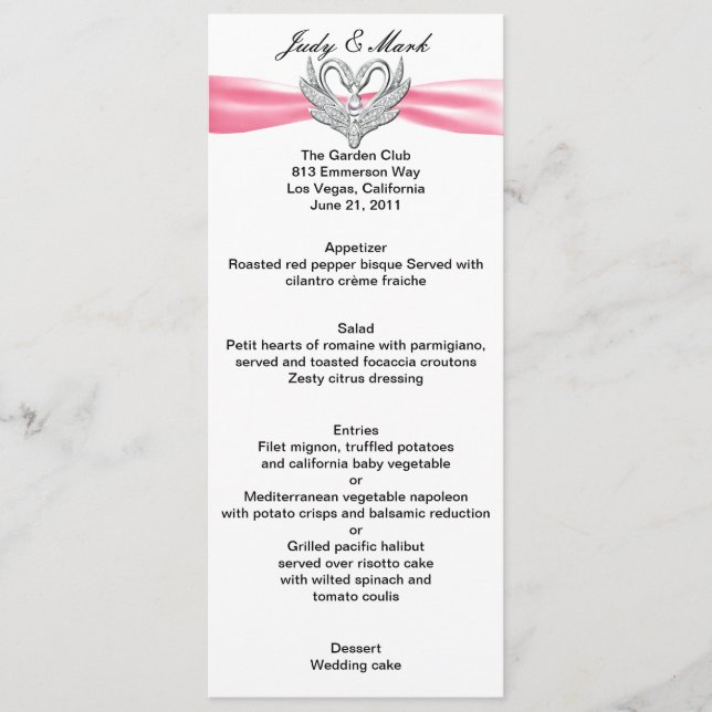 Cartão de Menu Cisnes de Prata e Laço Rosa (Frente)