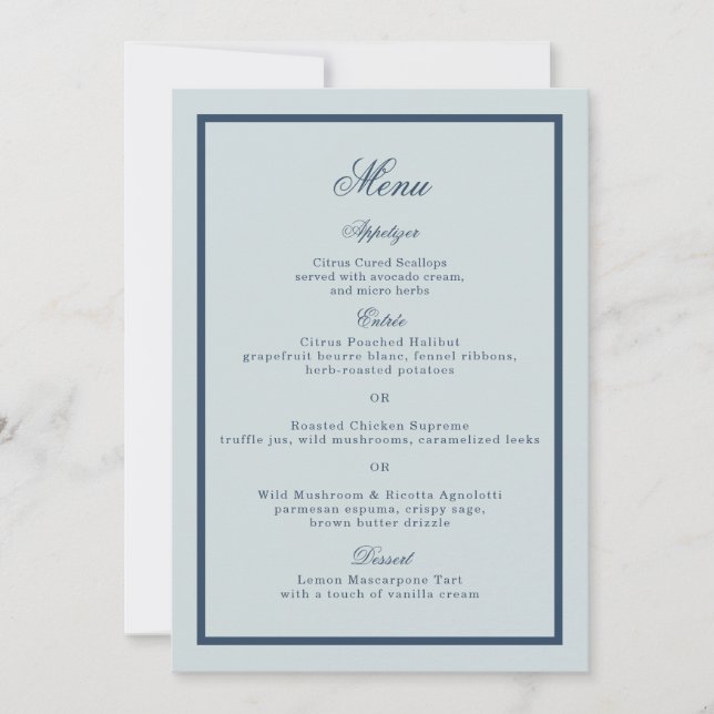 Cartão de Menu Clássico Casamento à Beira-Mar Azul (Frente)