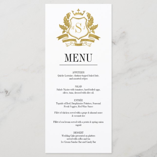 Cartão de Menu Clássico de Casamento Crest Dourado (Frente)