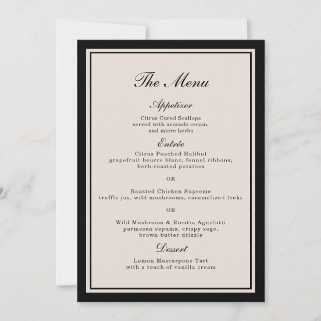 Cartão de Menu Clássico de Casamento Old Money (Frente)