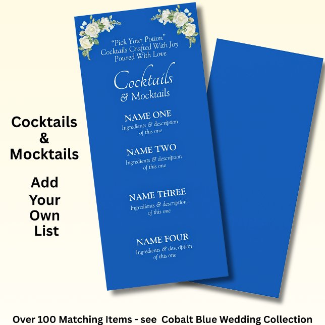 Cartão de Menu Cocktails Drinks - Azul Cobalto e B (Criador carregado)