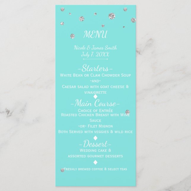 Cartão de Menu com Lantejoulas Faux Glam Azul e Pr (Frente)