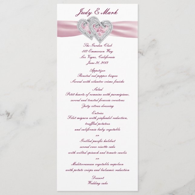 Cartão de Menu Corações Rosa Personalizado (Frente)