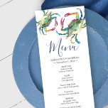 Cartão de Menu Costeiro de Caranguejo Azul-Aquarel<br><div class="desc">Concebido para coordenar com a minha coleção costeira de caranguejos aquosos este menu de janto pode ser personalizado com os seus nomes e opções de refeições. A placa se reverte para uma cor azul sólida do marinho. Perfeito para praia e casamentos náuticos. Para ver toda a suíte de papelaria de...</div>
