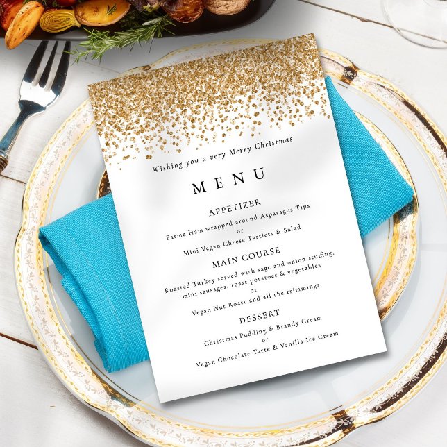Cartão de Menu da Festa de Natal Glam Dourado Glit (Criador carregado)