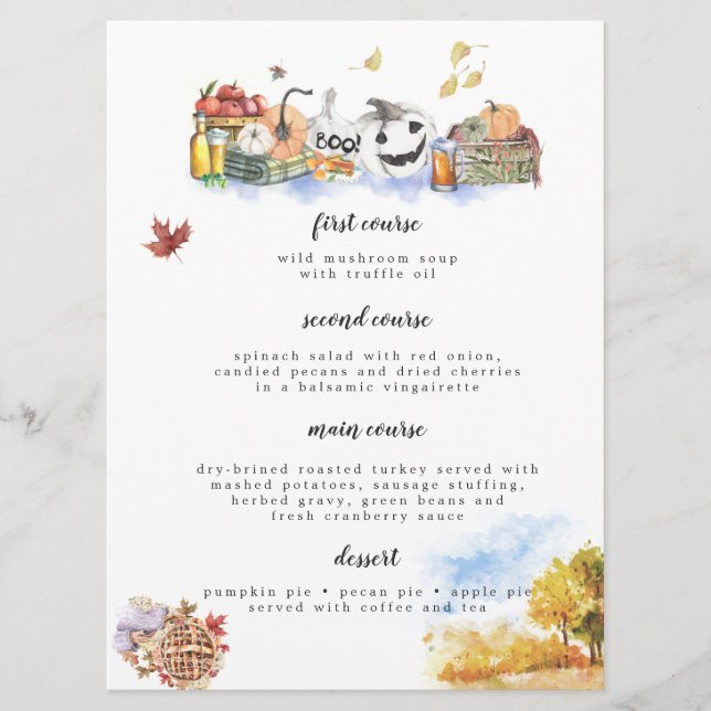 Cartão de Menu de Ação de Graças com Aquarela Rúst (Frente)