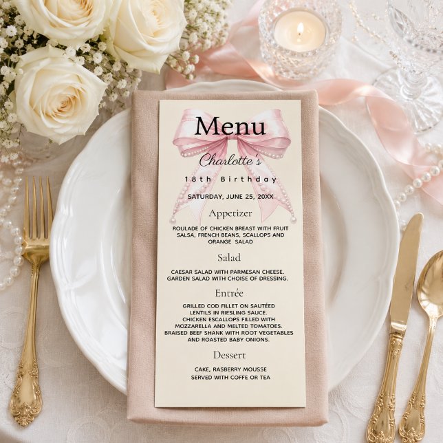 Cartão de menu de aniversário com laço rosa creme (Criador carregado)