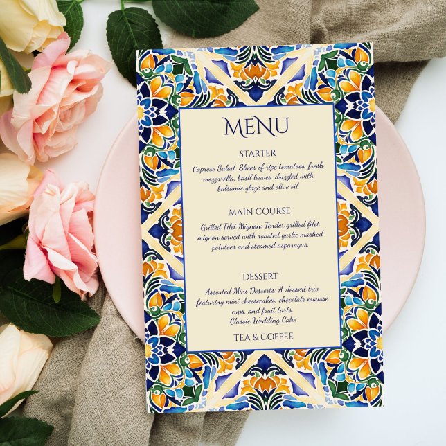 Cartão de menu de azulejos de colheita azul Talave (Talavera azulejo blue tiles vintage Mexican wedding  menu card personalized table decor)
