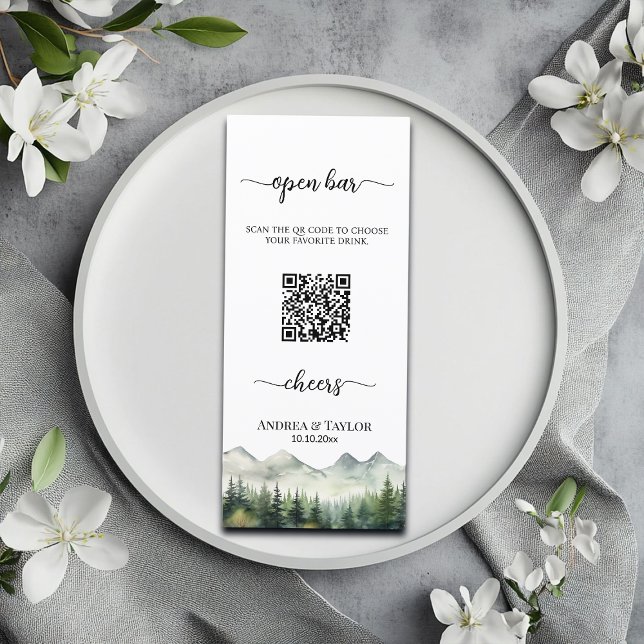 Cartão de Menu de Bar Aberto com QR Code Montanhas (Criador carregado)