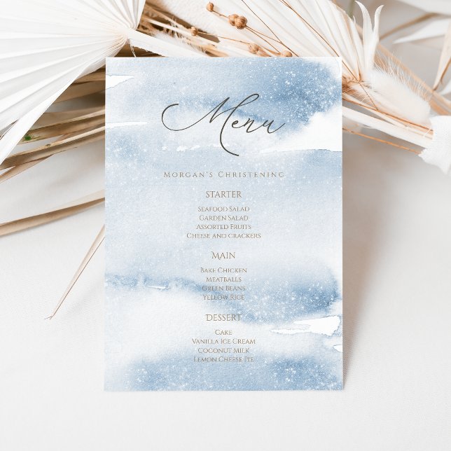 Cartão de Menu de Batizado de Menino com Aquarela  (Blue Watercolor Boy Christening Menu Card)