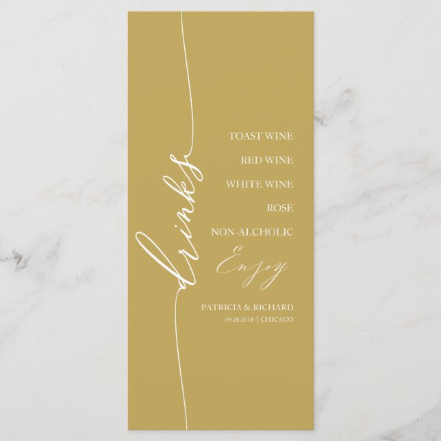 Cartão de Menu de Bebidas de Casamento Fancy Gold  (Frente)