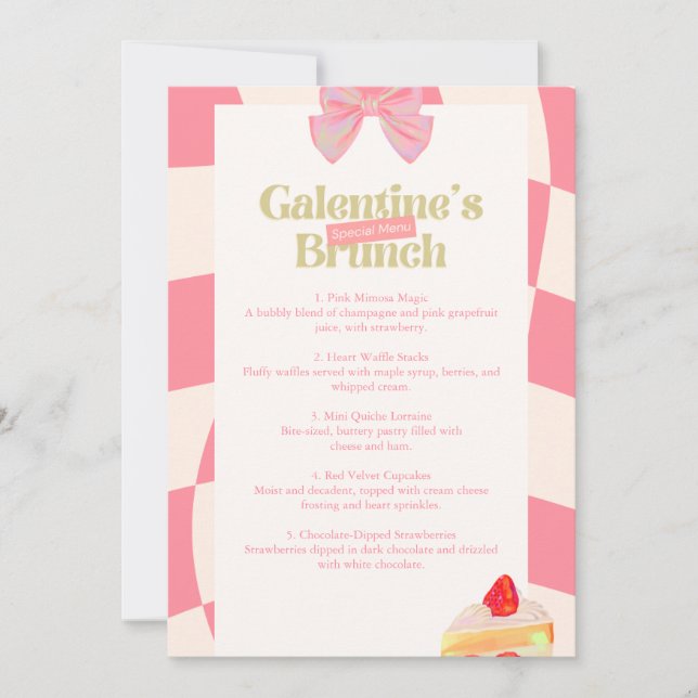 Cartão de Menu de Brunch de Galentine's Rosa Retrô (Frente)