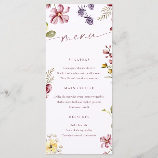 Cartão de Menu de Caligrafia de Flores Silvestres (Frente)