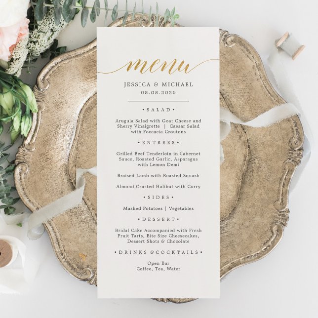 Cartão de Menu de Caligrafia em Faux Dourado Elega (Criador carregado)