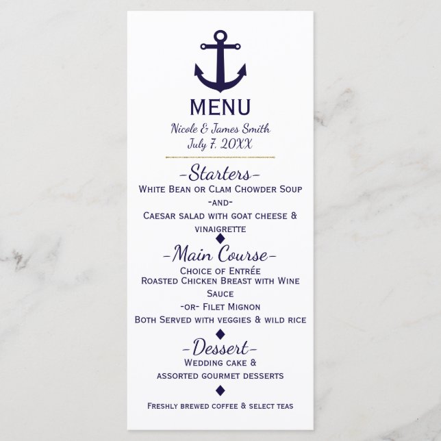 Cartão de Menu de Casamento à Beira Mar Náutico Ân (Frente)