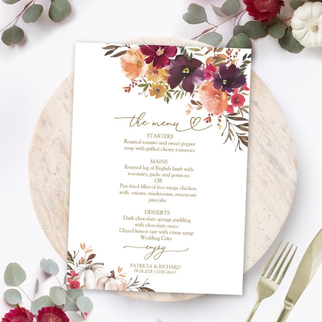 Cartão de Menu de Casamento Abóbora Borgonha Enamo (Criador carregado)