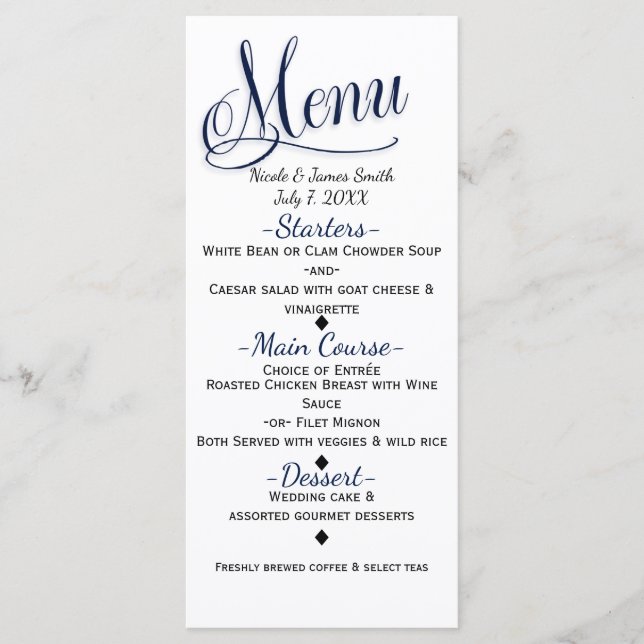 Cartão de Menu de Casamento Azul e Branco Simples  (Frente)