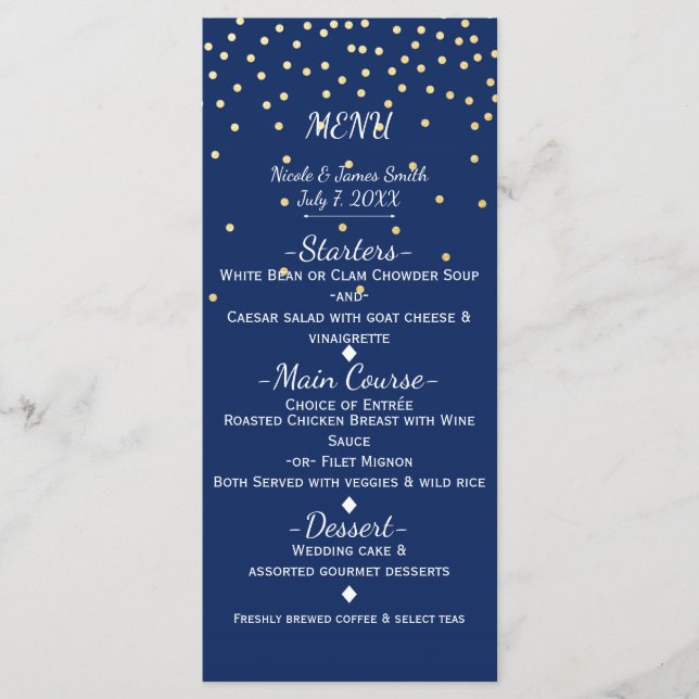 Cartão de Menu de Casamento Azul e Dourado com Con (Frente)