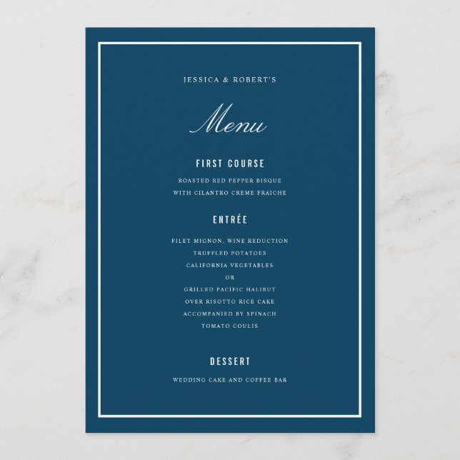 Cartão de Menu de Casamento Azul Escuro Elegante (Frente)