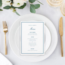 Cartão de Menu de Casamento Azul Escuro Elegante