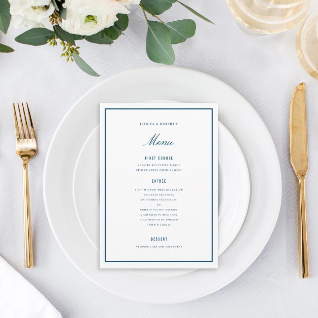 Cartão de Menu de Casamento Azul Escuro Elegante (Criador carregado)