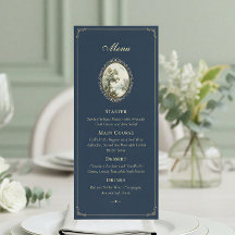 Cartão de Menu de Casamento Azul Marinho e Dourado