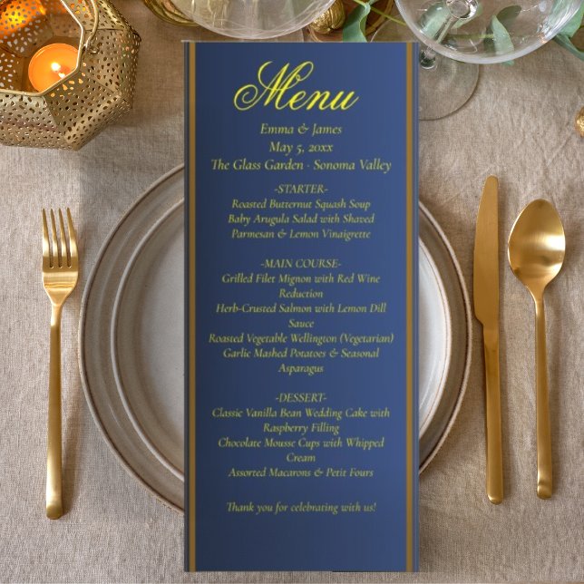 Cartão de Menu de Casamento Azul Naval e Dourado E (Criador carregado)