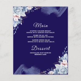 Cartão de menu de casamento azul naval elegante