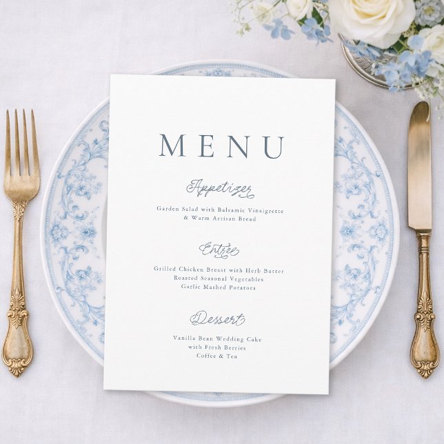 Cartão de Menu de Casamento Azul Poeirento Minimal (Criador carregado)