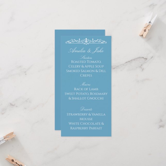 Cartão de Menu de Casamento Azul Regência (Frente/Verso In Situ)