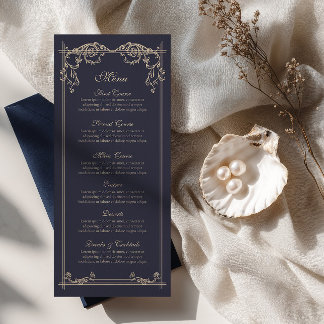 Cartão de Menu de Casamento Barroco Azul Marinho