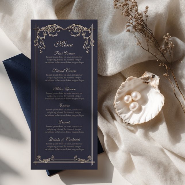 Cartão de Menu de Casamento Barroco Azul Marinho (Criador carregado)