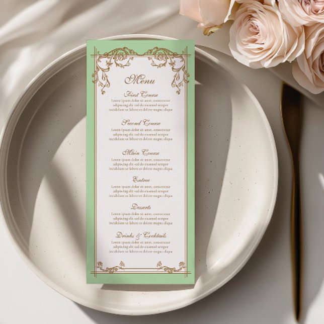 Cartão de Menu de Casamento Barroco em Verde Claro (Criador carregado)
