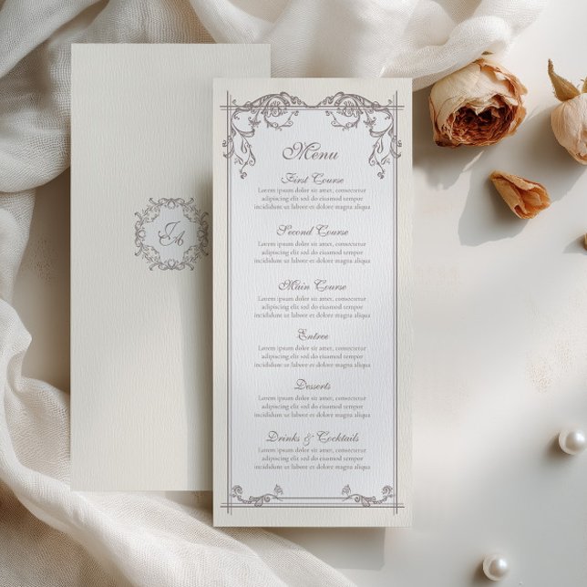 Cartão de Menu de Casamento Barroco Marfim com Mon (Criador carregado)