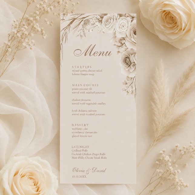 Cartão de Menu de Casamento Bege Rosas de Marfim (Ivory Roses Beige Wedding Menu Card with beige and ivory flowers)