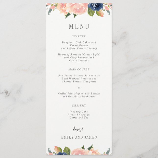 Cartão de Menu de Casamento Blush do marinho #NBC (Frente)