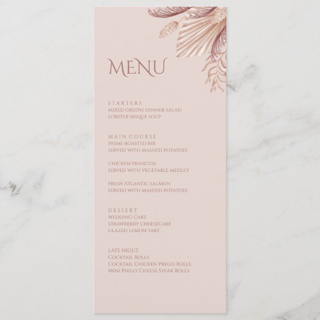 Cartão de Menu de Casamento Boho Blush com Grama P (Frente)