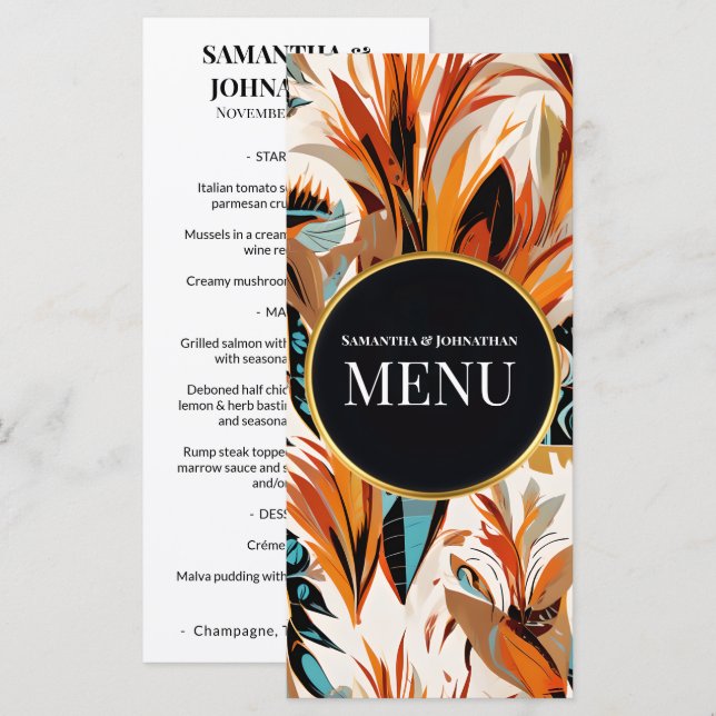 Cartão de Menu de Casamento Boho Floral Tropical T (Frente/Verso)