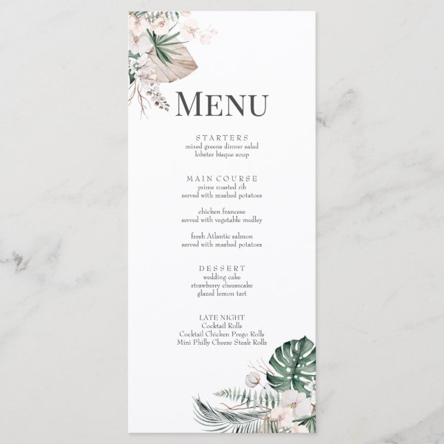 Cartão de Menu de Casamento Boho Orquídea Tropical (Frente)