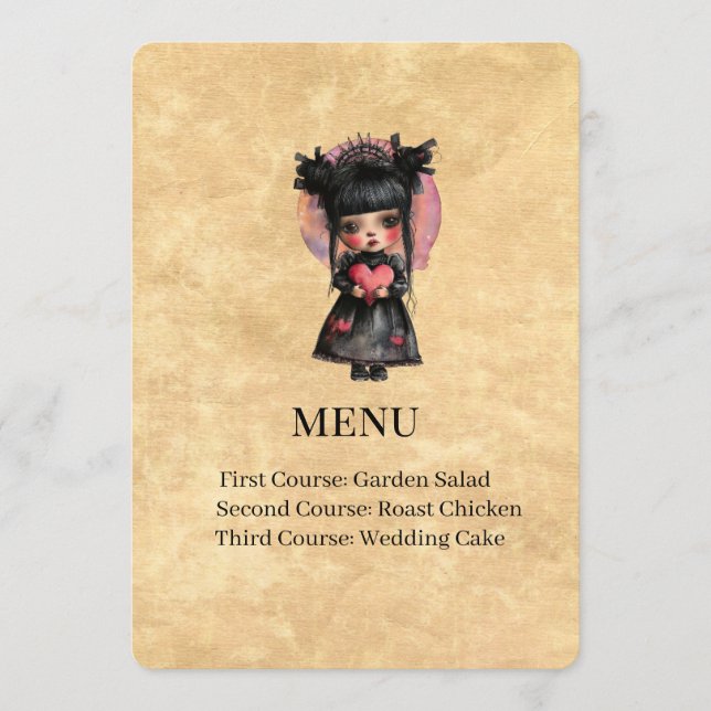 Cartão de Menu de Casamento Boneca Gótica (Frente)