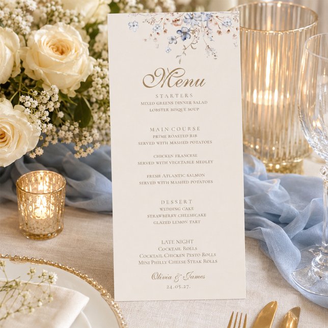 Cartão de Menu de Casamento Botânico Azul Empoeira (Dusty Blue Botanical Wedding Menu Card)